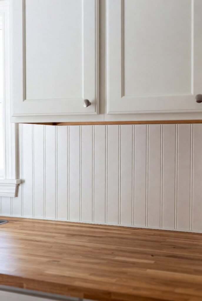 1. Classic White Bead Board Backsplash for a Farmhouse Feel
