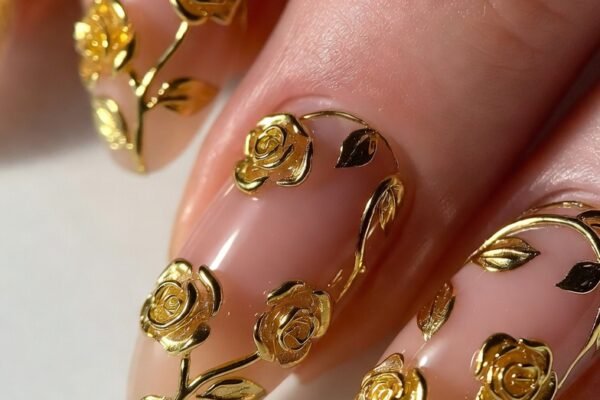 Alt Text: Close-up of 14 stunning Belle-inspired nail designs including Golden Rose Filigree, Stained Glass Rose Window, Enchanted Rose 3D Resin, Cogsworth Clockwork Gears, Ballroom Marble Floor, and Something There Sunset Gradient showcasing fairy-tale romance nail art that unlocks graceful elegance with every finger movement.