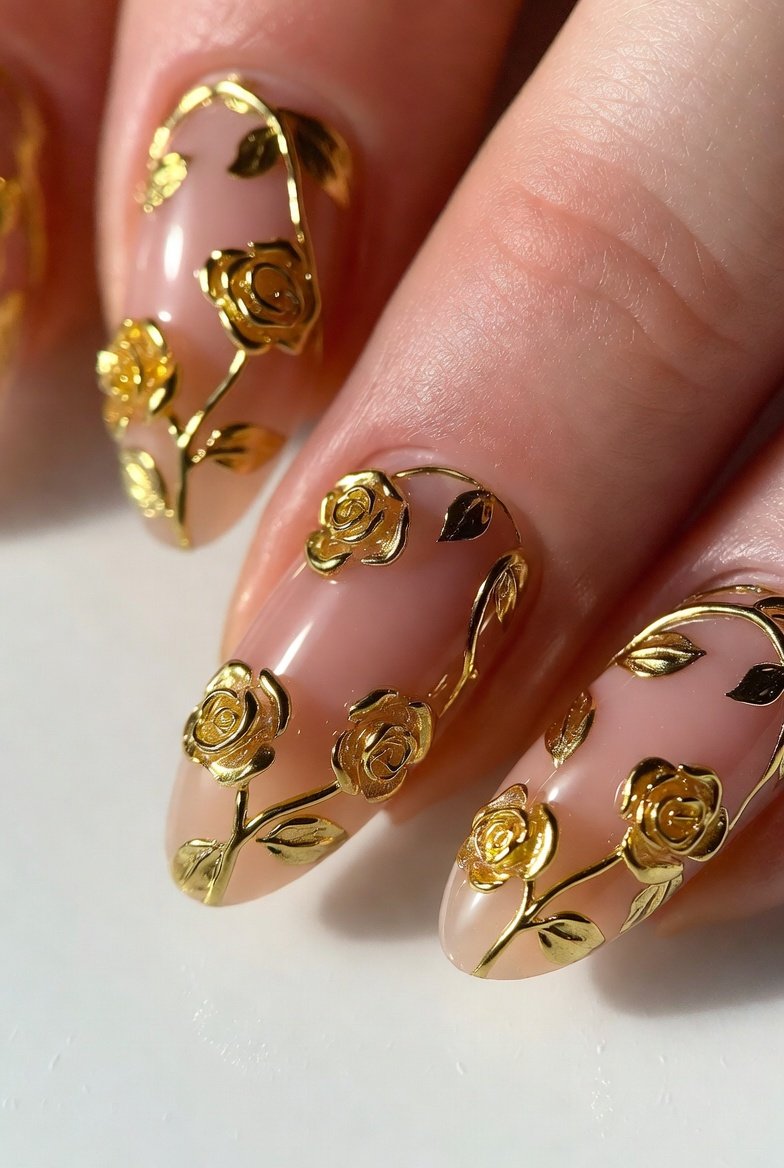 Alt Text: Close-up of 14 stunning Belle-inspired nail designs including Golden Rose Filigree, Stained Glass Rose Window, Enchanted Rose 3D Resin, Cogsworth Clockwork Gears, Ballroom Marble Floor, and Something There Sunset Gradient showcasing fairy-tale romance nail art that unlocks graceful elegance with every finger movement.