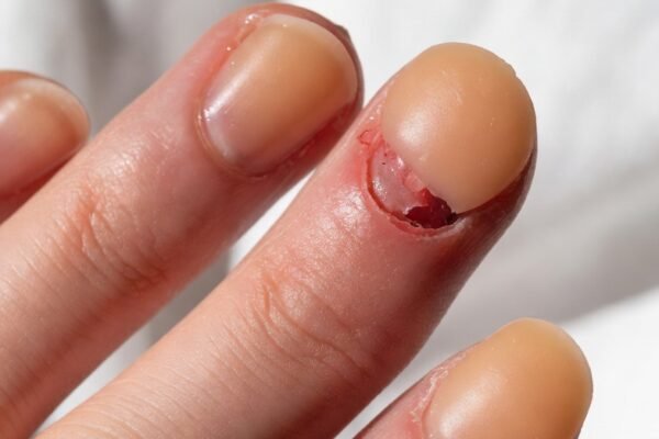 A close-up collection of gentle and effective bitten nail recovery solutions including hydrocolloid patches, hard gel overlays, cuticle balm, press-on wraps, and weekly progress tracking representing 13 confidence-restoring ideas for bitten nails.