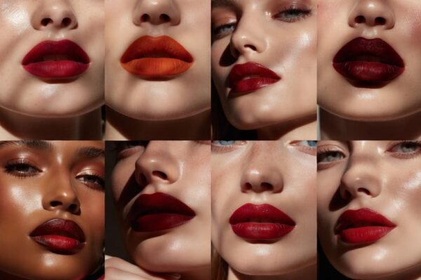 Close-up beauty shot of a model showcasing stunning red lip makeup looks featuring a variety of timeless and bold styles including classic cherry red, deep crimson, bright scarlet, wine-toned berry, and matte versus glossy red lip finishes, perfect inspiration for confident and glamorous red lip makeup ideas for every occasion
