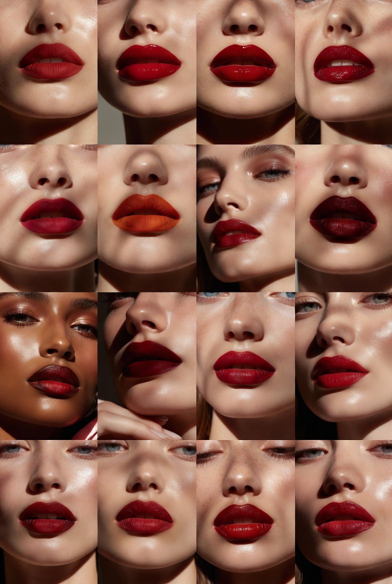 Close-up beauty shot of a model showcasing stunning red lip makeup looks featuring a variety of timeless and bold styles including classic cherry red, deep crimson, bright scarlet, wine-toned berry, and matte versus glossy red lip finishes, perfect inspiration for confident and glamorous red lip makeup ideas for every occasion