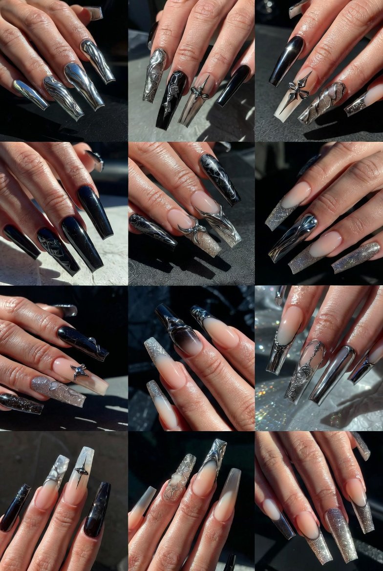 Close-up of stunning coffin nail designs showcasing a beautiful variety of bold and elegant manicure styles including sleek nude coffin shapes, dramatic ombre gradients, intricate floral patterns, edgy black designs, glitter accents, and sophisticated chrome finishes, perfect inspiration for creative and eye-catching coffin nail ideas that balance elegance with edgy glamour