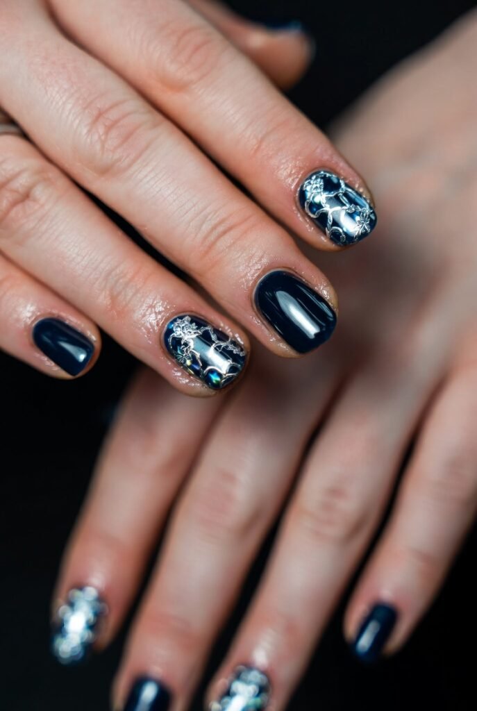 Silver Holographic Lace on Navy Black Base