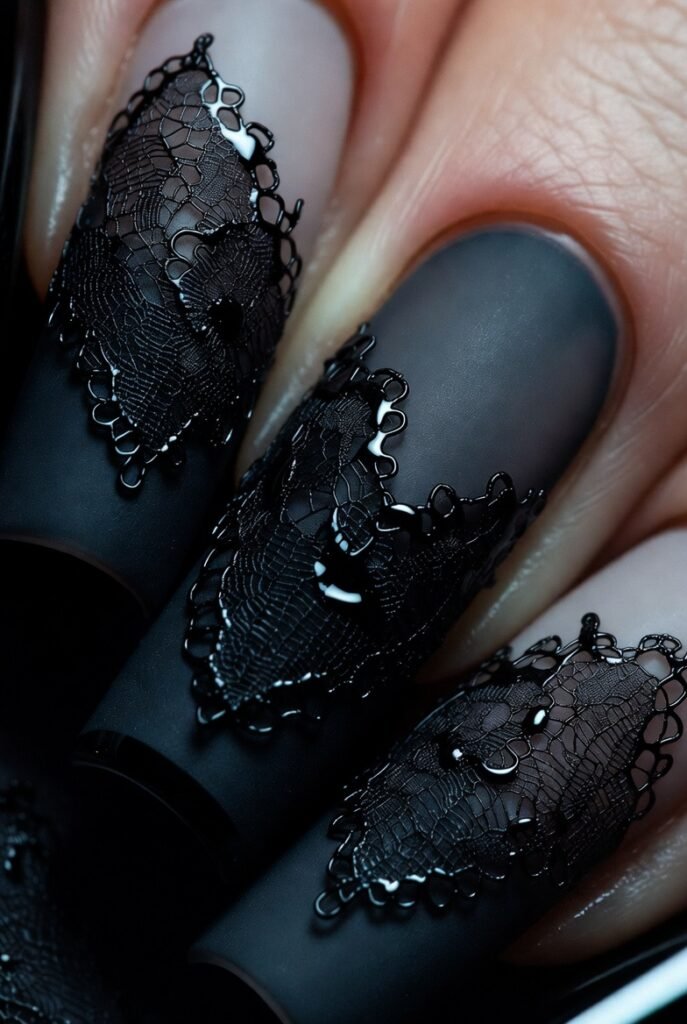 Classic Black Lace Over French Tips