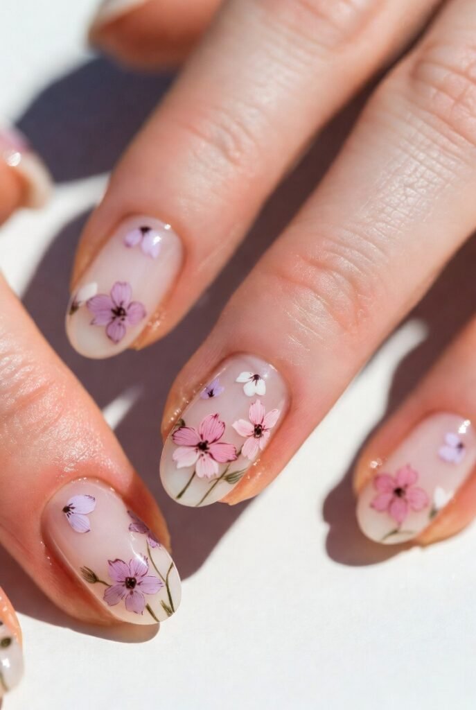 2. Floral Accents Floating Through Milky White Nails: Garden-Inspired Serenity
