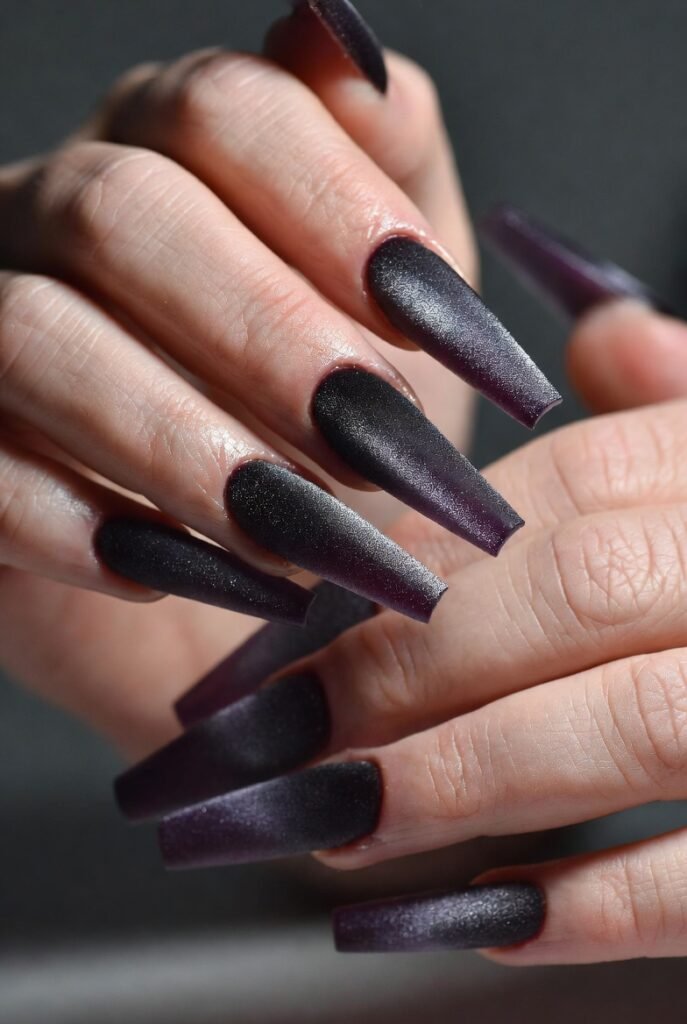 14. Velvet Cat Eye Coffin Nails