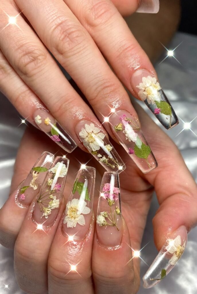 7. Clear Coffin Nails with Encased Dried Flowers