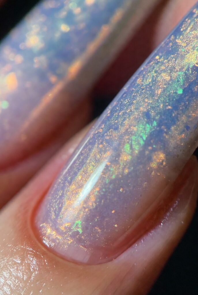 15. Frosted Aurora Effect: Iridescent Shimmer Over Milky Base