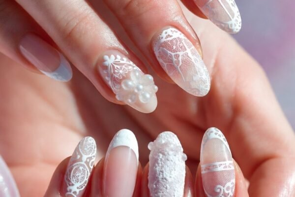 Close-up of beautifully detailed white lace nail designs showcasing a stunning variety of soft and romantic manicure styles including sheer lace overlays, delicate floral lace patterns, French tip lace accents, and intricate filigree designs on elegant nail bases, perfect inspiration for feminine and sophisticated white lace nail art