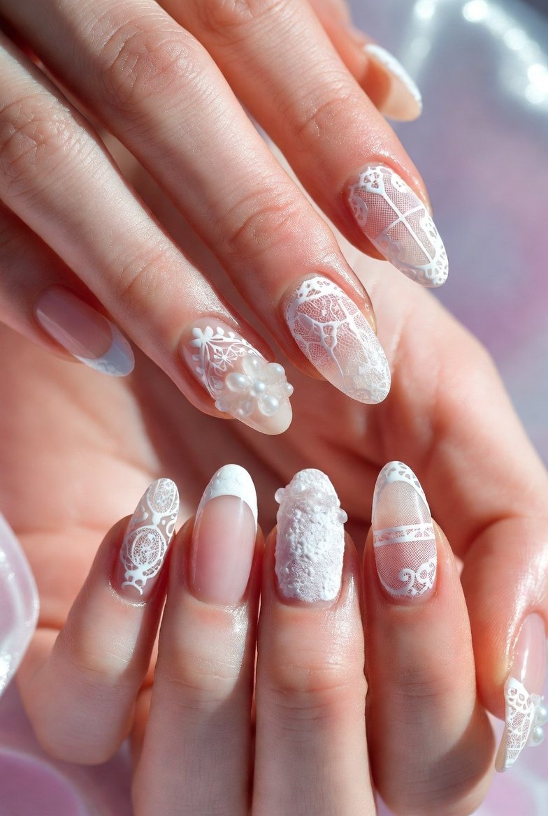Close-up of beautifully detailed white lace nail designs showcasing a stunning variety of soft and romantic manicure styles including sheer lace overlays, delicate floral lace patterns, French tip lace accents, and intricate filigree designs on elegant nail bases, perfect inspiration for feminine and sophisticated white lace nail art