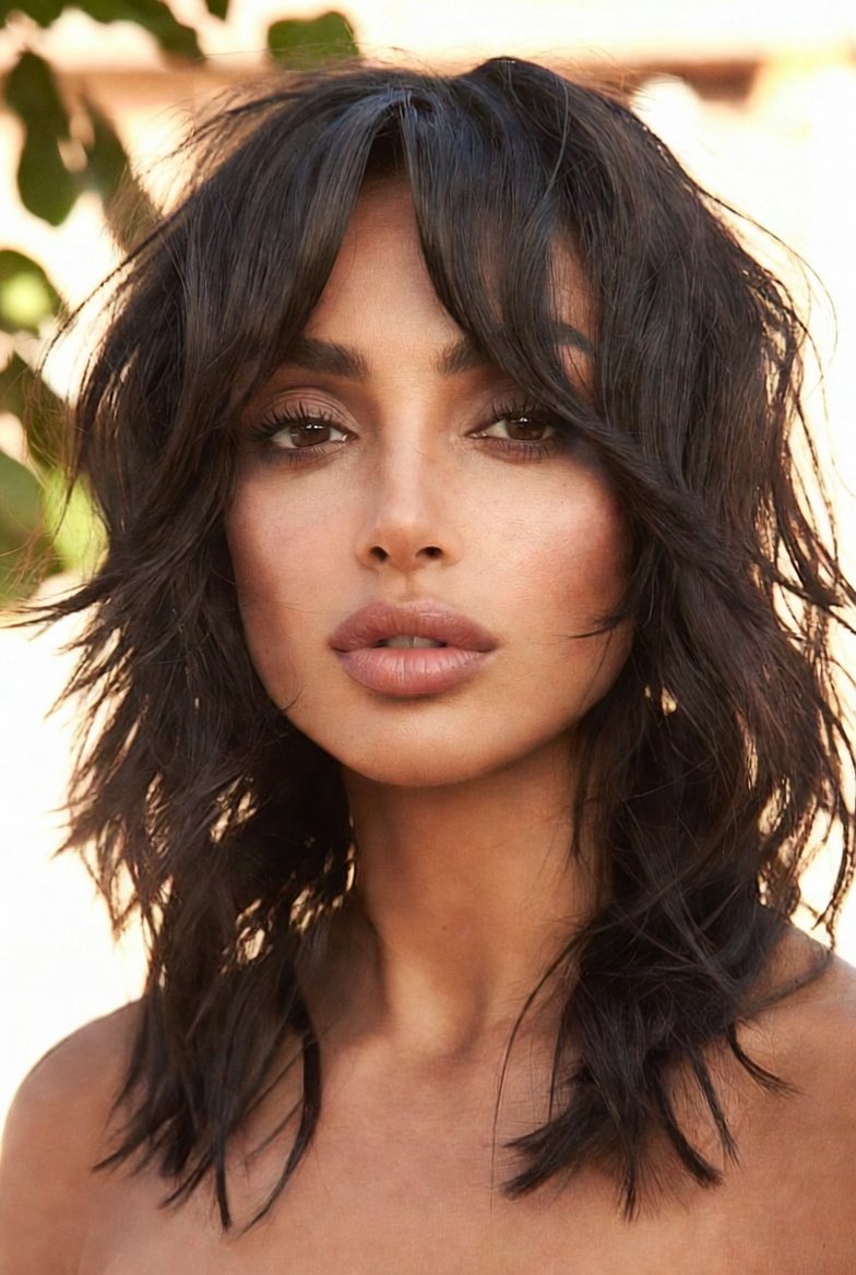 A beautifully curated collection of 20 effortlessly chic layered bob hairstyle ideas showcasing a confident woman with a perfectly executed textured shaggy layered bob featuring choppy layers curtain bangs and natural movement representing the full range of modern and voluminous bob styles from sleek Italian and stacked graduated to tousled beach waves curly coily layers razor-cut messy ends and elegant face-framing long layered bobs for every hair type and personal style.