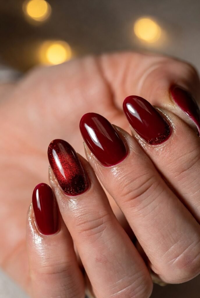 Velvet Dark Red with Micro Glitter Tips: Cozy, Festive, and Subtly Sparkly