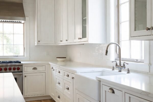 A bright and elegant white kitchen with shaker-style cabinets, marble countertops with gray veining, brass hardware, subway tile backsplash, and natural light — showcasing the best white kitchen ideas for a timeless cooking space transformation.