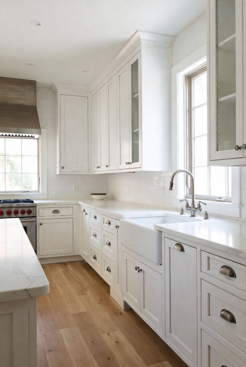 A bright and elegant white kitchen with shaker-style cabinets, marble countertops with gray veining, brass hardware, subway tile backsplash, and natural light — showcasing the best white kitchen ideas for a timeless cooking space transformation.