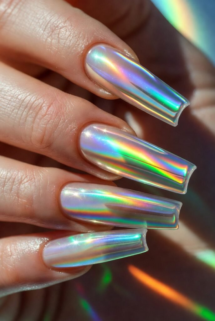 8. Holographic Chrome Coffin Nails