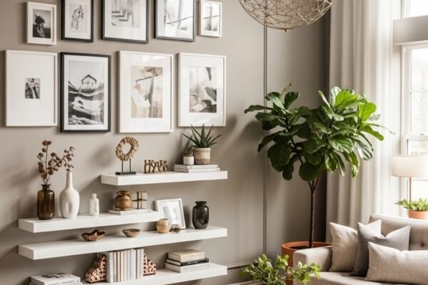 A beautifully designed modern living room featuring an accent wall gallery wall floating shelves decorative molding and statement lighting creating a stylish and inviting space with neutral furniture in warm natural light.