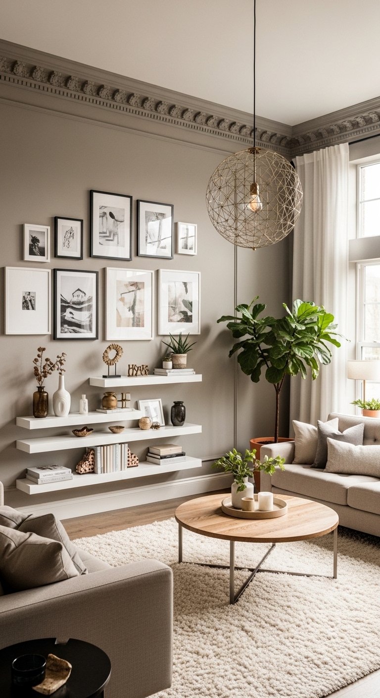 A beautifully designed modern living room featuring an accent wall gallery wall floating shelves decorative molding and statement lighting creating a stylish and inviting space with neutral furniture in warm natural light.