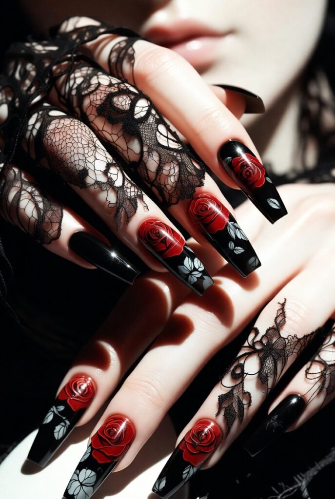 Black Lace with Crimson Rose Accents