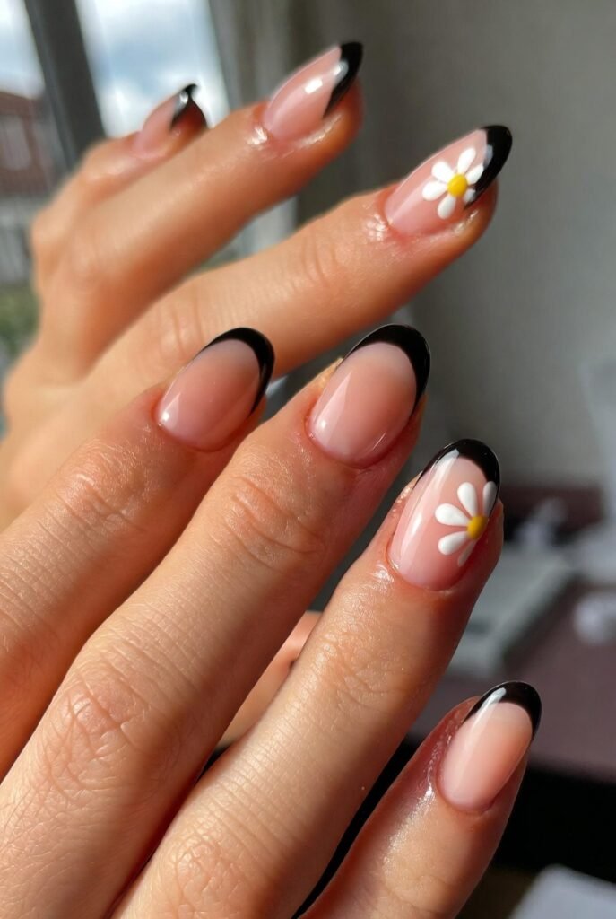 Black Tips with Hand-Painted White Daisies on the Ring Finger