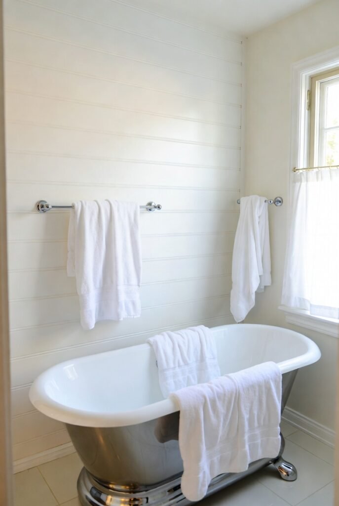 A cozy white bathroom with a 24 bead board wall installed halfway up the wall, chrome fixtures, a freestanding clawfoot bathtub, fluffy white towels on hooks, natural morning light, soft shadows, clean and elegant aesthetic, professional interior design photography, keyword 24 bead board wall moisture-resistant bathroom application