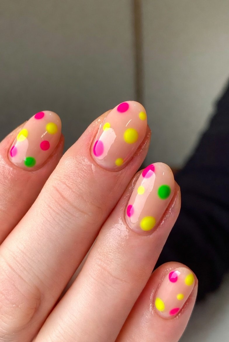 A close-up of sixteen playfully designed simple funky nails showcasing neon dots on nude base, mismatched pastel squiggles, checkerboard accents, smiley face ring fingers, splatter paint effects, and graffiti initials on short well-groomed nails — the ultimate funky nail art inspiration for adding a bold and creative pop of personality to your everyday look.