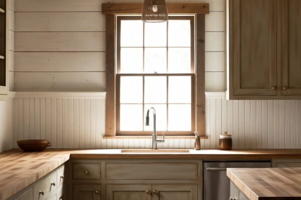 A beautifully installed classic white beadboard backsplash covering the full kitchen wall behind white shaker cabinets and butcher block countertops, with decorative chair rail molding, warm farmhouse lighting, and open wooden shelving — showcasing the most charming and timeless beadboard backsplash kitchen ideas for a complete wall transformation.