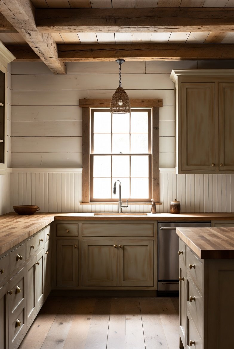 A beautifully installed classic white beadboard backsplash covering the full kitchen wall behind white shaker cabinets and butcher block countertops, with decorative chair rail molding, warm farmhouse lighting, and open wooden shelving — showcasing the most charming and timeless beadboard backsplash kitchen ideas for a complete wall transformation.