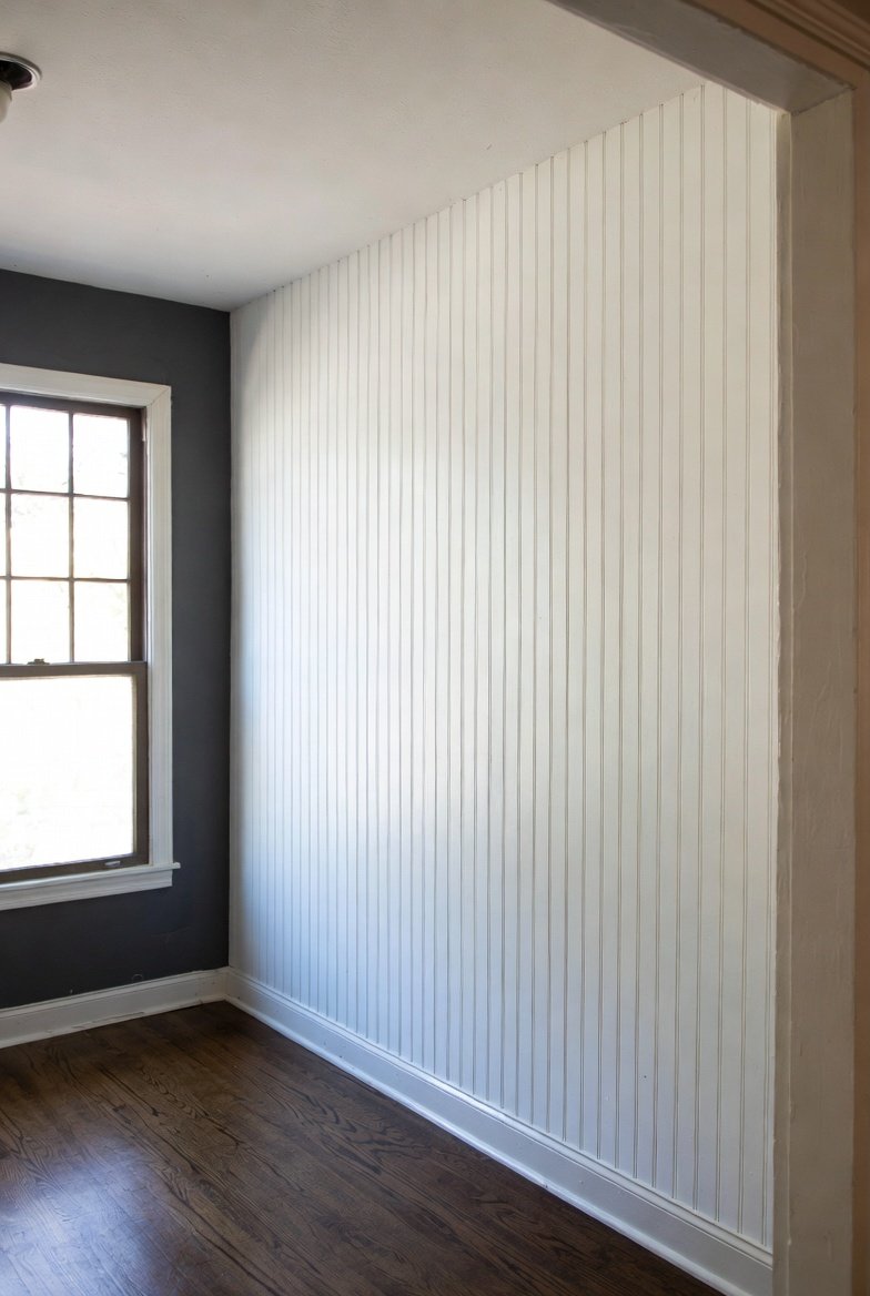 A stunning home interior transformation showcasing a classic white 24 bead board wall installation in a bright living room, highlighting timeless charm, durability, and elegant DIY home improvement design.2 / 2