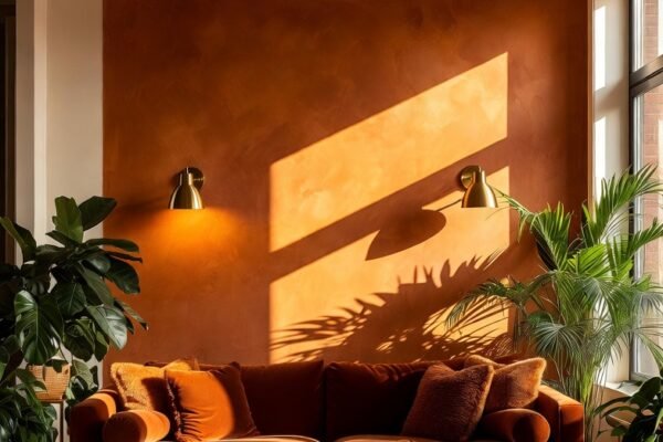 A stunning and vibrant 17 orange room interior featuring a burnt orange velvet sofa, terracotta limewash accent wall, warm brass lighting, complementary cream and walnut wood tones, curated orange accessories and lush indoor plants creating a bold energetic and beautifully balanced living space full of personality and warmth.