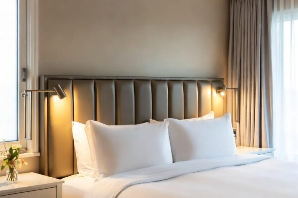 A beautifully designed five-star guest bedroom featuring a plush queen bed with crisp white luxury hotel-style bedding, warm layered lighting, elegant nightstands with reading lamps, blackout curtains, a welcoming luggage bench and thoughtful hospitality touches creating the ultimate comfortable and stylish retreat for guests.
