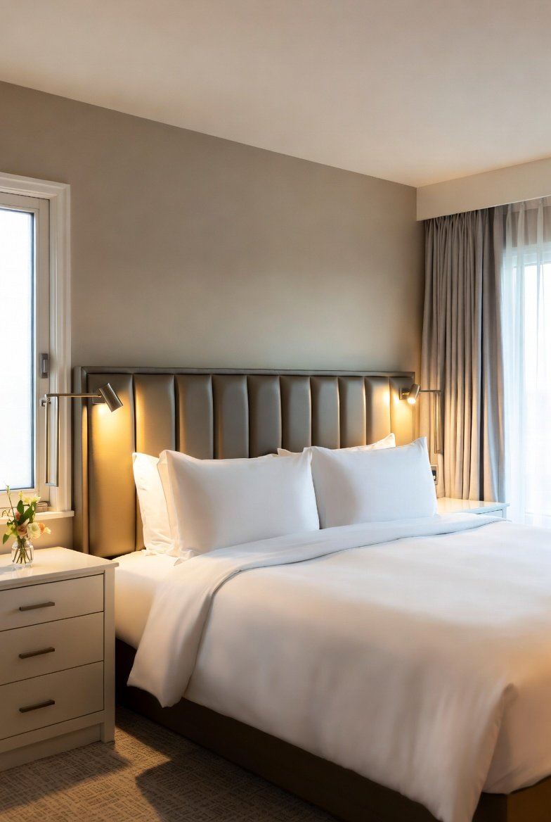 A beautifully designed five-star guest bedroom featuring a plush queen bed with crisp white luxury hotel-style bedding, warm layered lighting, elegant nightstands with reading lamps, blackout curtains, a welcoming luggage bench and thoughtful hospitality touches creating the ultimate comfortable and stylish retreat for guests.
