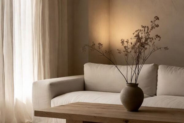 A breathtakingly serene Japandi living room featuring a low profile linen sofa, warm white oak furniture, handmade ceramic decor, indoor plants, layered ambient lighting and clean minimalist Japanese Scandinavian design creating a perfectly harmonious and calming home interior.