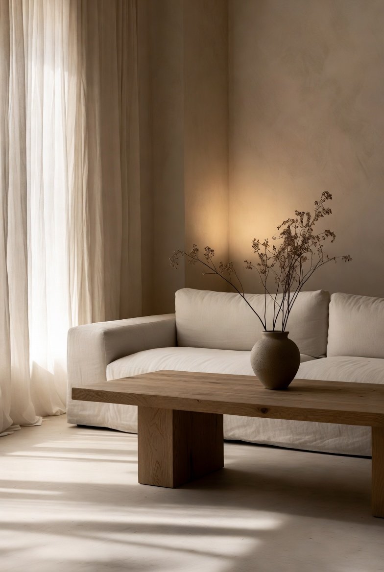 A breathtakingly serene Japandi living room featuring a low profile linen sofa, warm white oak furniture, handmade ceramic decor, indoor plants, layered ambient lighting and clean minimalist Japanese Scandinavian design creating a perfectly harmonious and calming home interior.