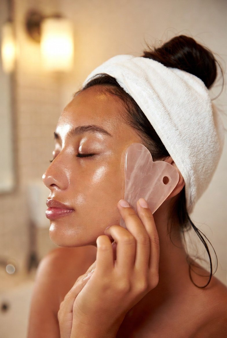 A beautifully serene beauty lifestyle photograph of a woman with naturally radiant and sculpted glowing skin gently using a smooth rose quartz gua sha tool along her cheekbone and jawline demonstrating an effective and calming gua sha facial routine for natural lymphatic drainage skin sculpting and effortless everyday radiance without harsh tools.