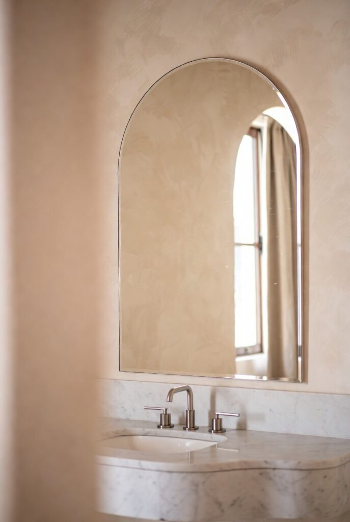 A beautiful editorial shot of an arch top mirror in a bathroom, elegant rounded arch shape above a marble vanity, soft feminine aesthetic, warm natural light, editorial interior photography — keyword: Bathroom Mirror Ideas
