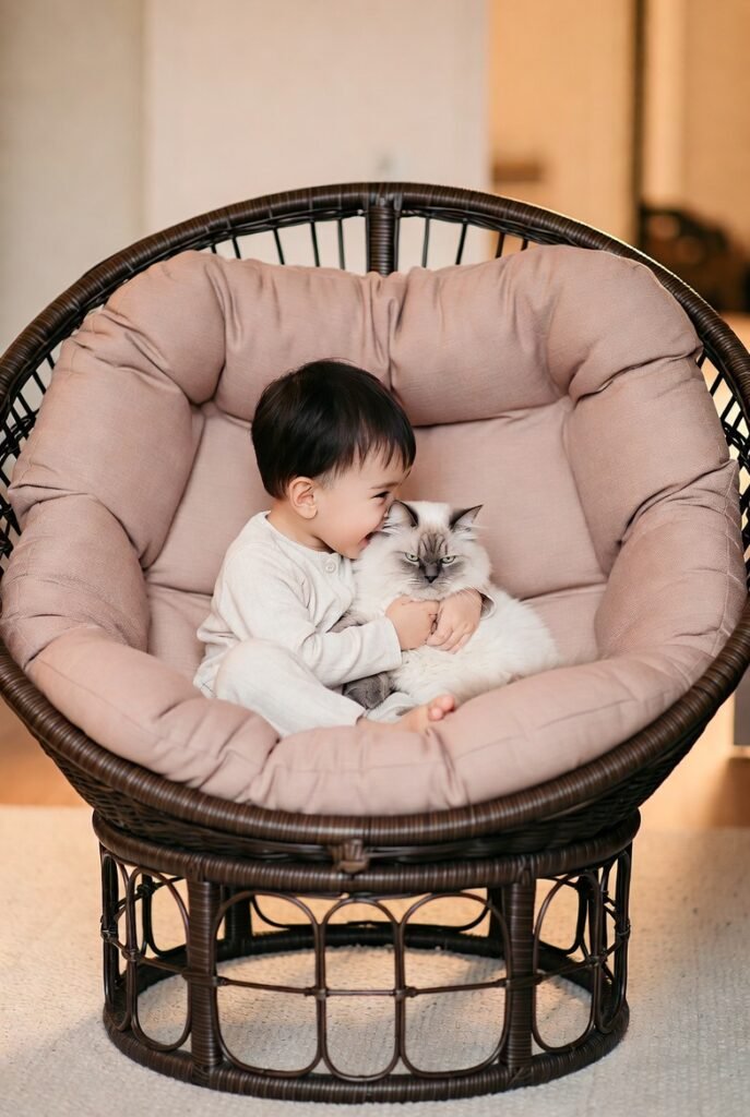 A heartwarming lifestyle scene of a small child and a fluffy cat both snuggled together inside a large round cushioned 19 Papasan chair, soft warm home lighting, playful and adorable atmosphere, shallow depth of field, family-friendly lifestyle photography, pastel and warm tones, joy and comfort concept.