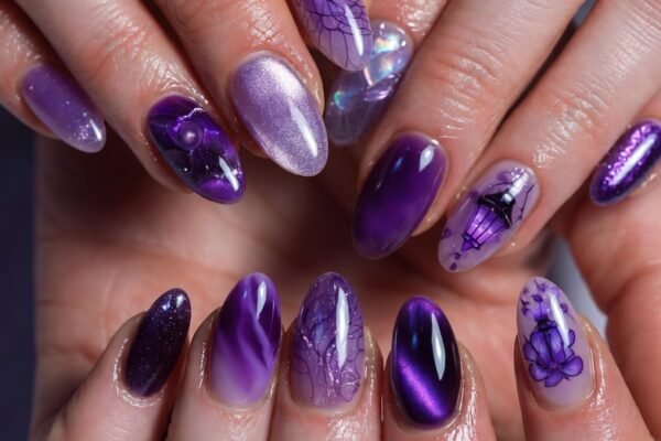 A stunning curated collection of 16 enchanting purple fairy nail ideas including Lavender Fairy Dust, Amethyst Geode, Midnight Violet Starfall, Wisteria Garden, Fairy Lantern Glow, Violet Velvet Cat Eye, and Thorned Enchantment Vine showcasing magical dimensional manicure styles that unleash your inner fairy magic with every graceful finger movement.