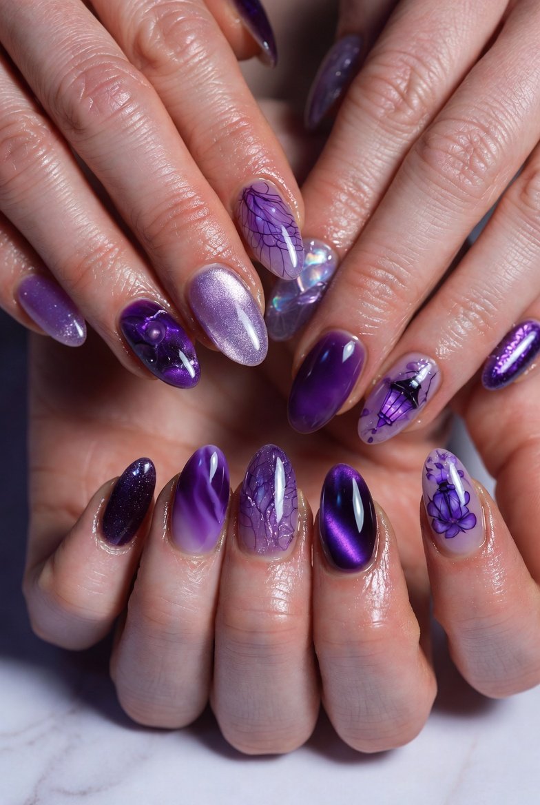 A stunning curated collection of 16 enchanting purple fairy nail ideas including Lavender Fairy Dust, Amethyst Geode, Midnight Violet Starfall, Wisteria Garden, Fairy Lantern Glow, Violet Velvet Cat Eye, and Thorned Enchantment Vine showcasing magical dimensional manicure styles that unleash your inner fairy magic with every graceful finger movement.