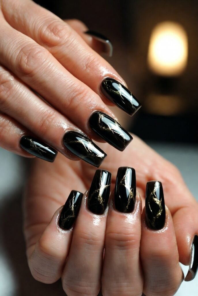 Cobalt Blue Coffin Nails with Gold Leaf Cracks