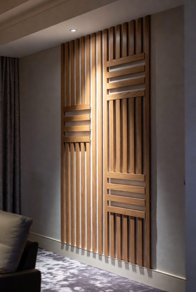 Design #9: Geometric Wood Slats (The Luxury Hotel Look)