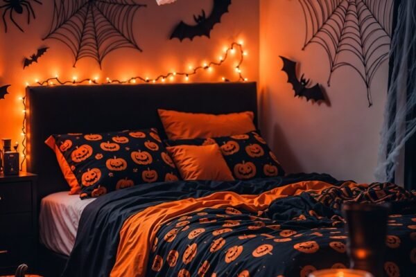 A beautifully decorated Halloween bedroom featuring black and orange skull-print bedding, flickering LED candles casting warm orange glow, removable bat and spider wall decals, purple fairy string lights, apothecary potion bottles on the nightstand, and black sheer curtains — the ultimate spooky and stylish Halloween bedroom decor inspiration for a complete seasonal bedroom transformation.