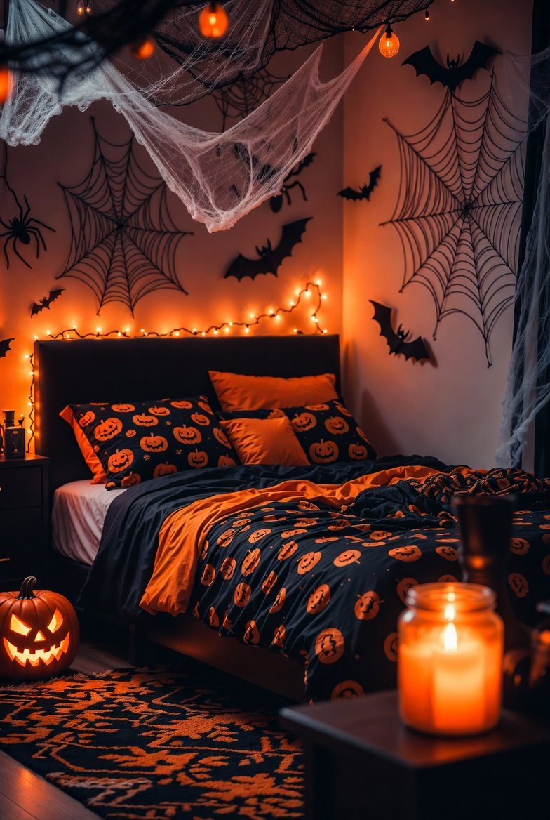 A beautifully decorated Halloween bedroom featuring black and orange skull-print bedding, flickering LED candles casting warm orange glow, removable bat and spider wall decals, purple fairy string lights, apothecary potion bottles on the nightstand, and black sheer curtains — the ultimate spooky and stylish Halloween bedroom decor inspiration for a complete seasonal bedroom transformation.