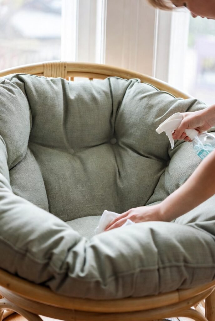 A person gently spot-cleaning the round cushion of a 19 Papasan chair with a soft cloth and mild spray in a bright airy room, chair maintenance and care concept, natural daylight, lifestyle photography, fresh and clean atmosphere, close-up detail on cushion fabric texture, calm and tidy feel.