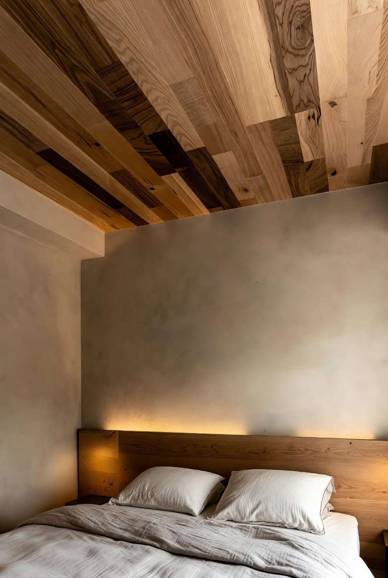 A beautifully designed 13 wood ceiling bedroom featuring mixed natural wood species on the ceiling, warm ambient lighting, neutral walls, and minimalist decor creating a cozy and natural sleep sanctuary.