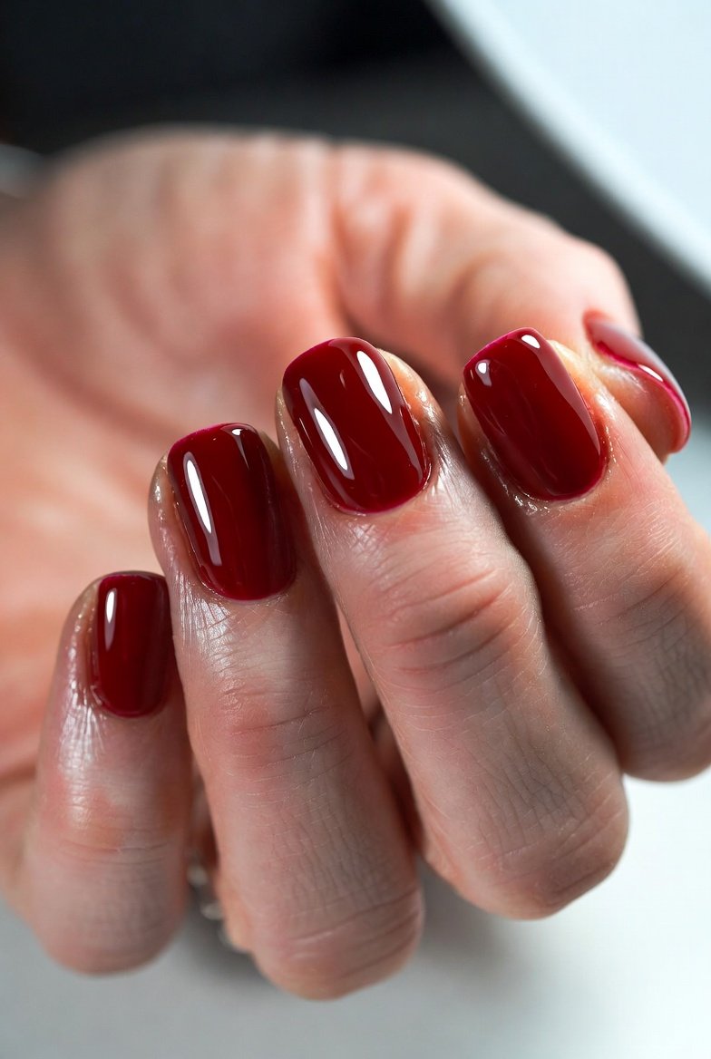 A close-up of twelve beautifully polished one color nail ideas showcasing crimson red, ballet pink, navy blue, sage green, jet black, and dusty lavender gel manicures on short well-groomed nails — the ultimate monochrome nail inspiration for effortlessly chic and confidence-boosting everyday style.