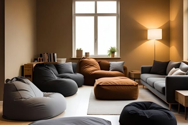 A stylish modern living room featuring multiple bean bags in various sizes and colors arranged casually yet intentionally, warm ambient lighting, cozy inviting atmosphere, ultra-realistic lifestyle photography, 4K sharp details, contemporary interior design, comfort and versatility concept, professional wide-angle shot.