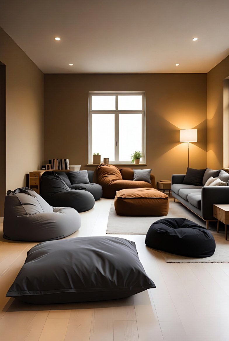 A stylish modern living room featuring multiple bean bags in various sizes and colors arranged casually yet intentionally, warm ambient lighting, cozy inviting atmosphere, ultra-realistic lifestyle photography, 4K sharp details, contemporary interior design, comfort and versatility concept, professional wide-angle shot.