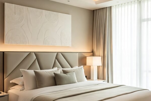 A stunning modern luxury bedroom featuring a statement headboard, layered lighting, large art piece, natural textures, full-length curtains, and neutral palette feeling exactly like a 5-star hotel, showcasing 26 Modern Luxury Bedroom Design Ideas without the price tag.