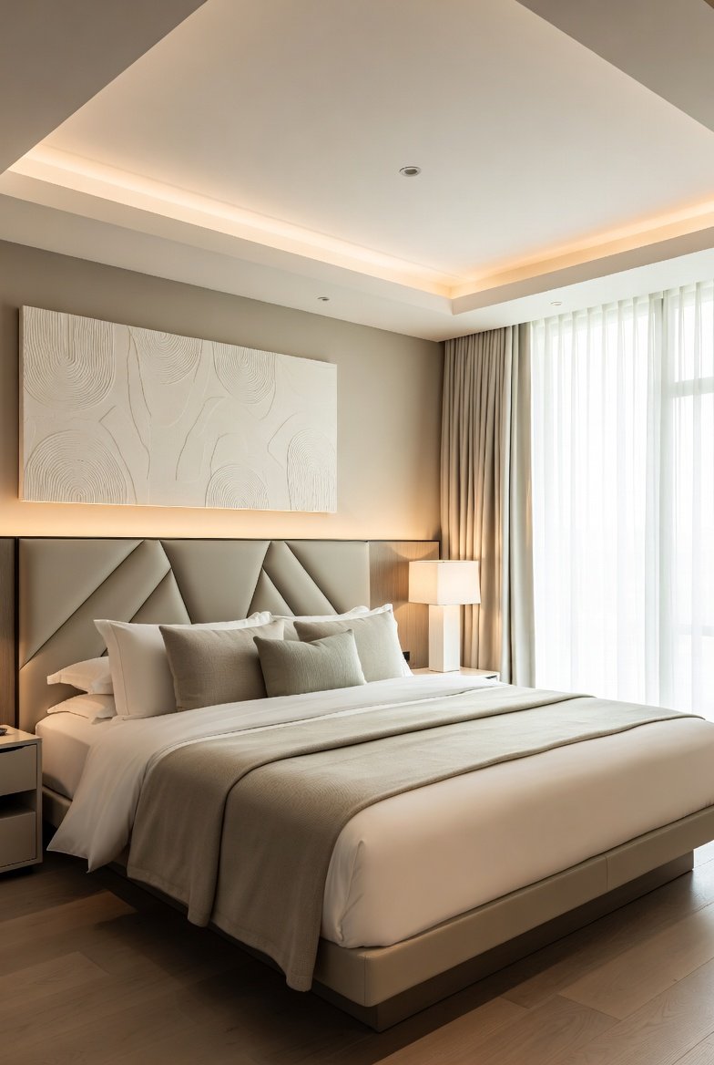 A stunning modern luxury bedroom featuring a statement headboard, layered lighting, large art piece, natural textures, full-length curtains, and neutral palette feeling exactly like a 5-star hotel, showcasing 26 Modern Luxury Bedroom Design Ideas without the price tag.